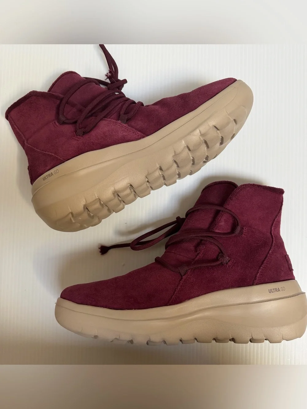 Skechers Burgundy Suede Lace-Up Pull On Ankle Boots - lightweight